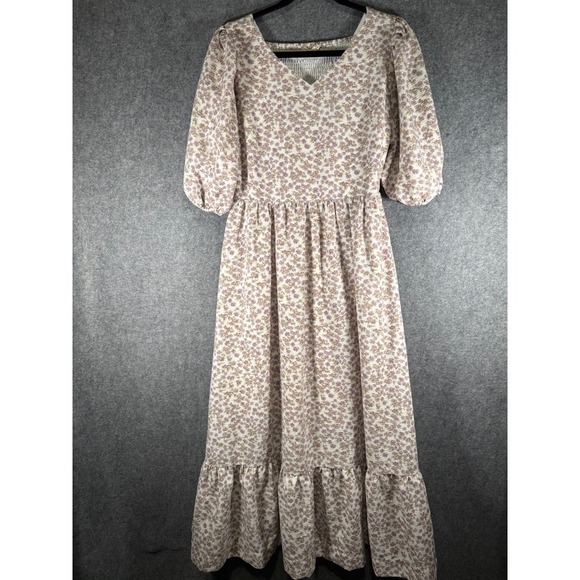 Leia & Co M Purple Floral V-Neck Puff Sleeve Midi Dress Pockets Smocked Back - Picture 2 of 9